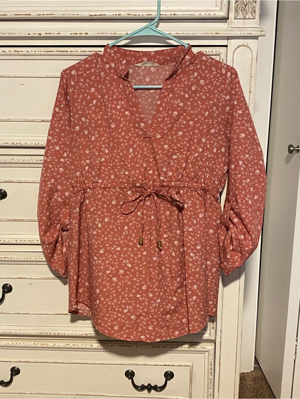 Floral Drawstring Peasant Tunic in Rust